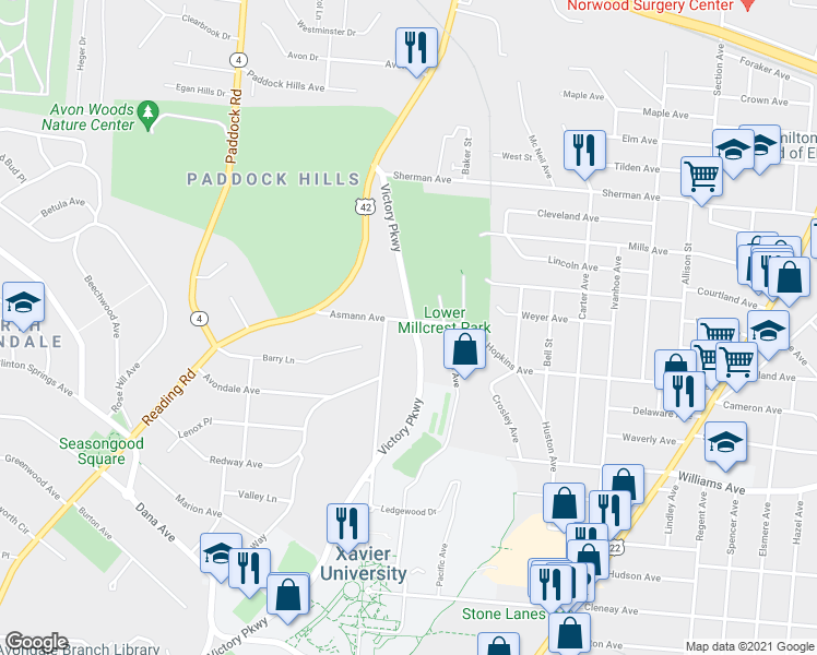 map of restaurants, bars, coffee shops, grocery stores, and more near 4100 Victory Parkway in Cincinnati