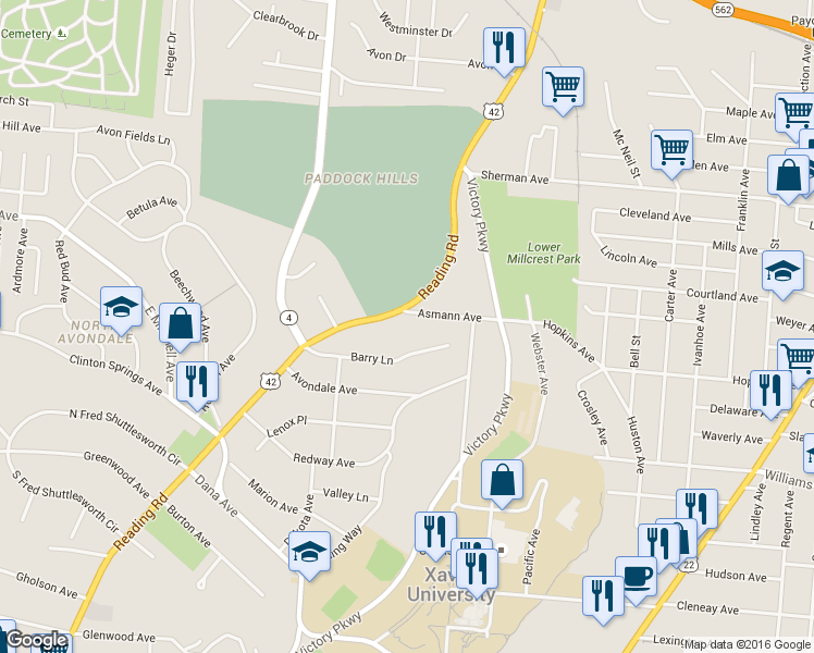 map of restaurants, bars, coffee shops, grocery stores, and more near 1613 Asmann Avenue in Cincinnati