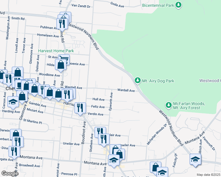 map of restaurants, bars, coffee shops, grocery stores, and more near 3715 High Point Avenue in Cincinnati