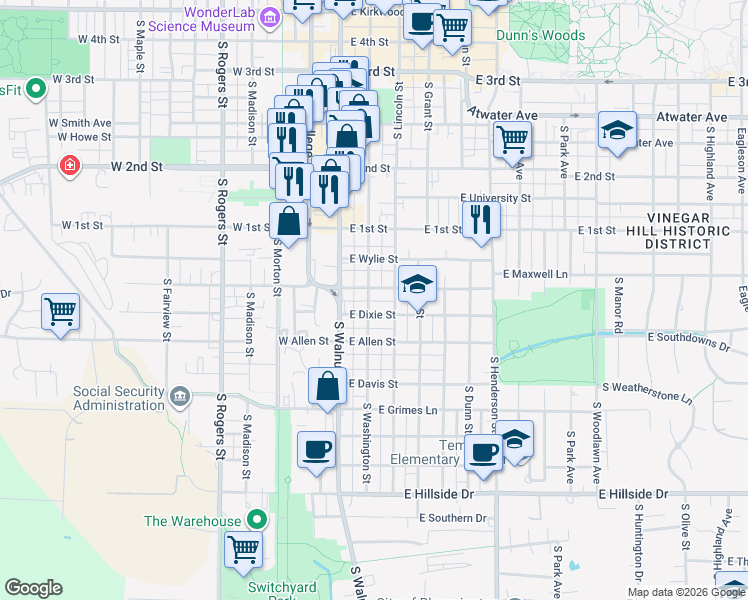 map of restaurants, bars, coffee shops, grocery stores, and more near 729 South Washington Street in Bloomington