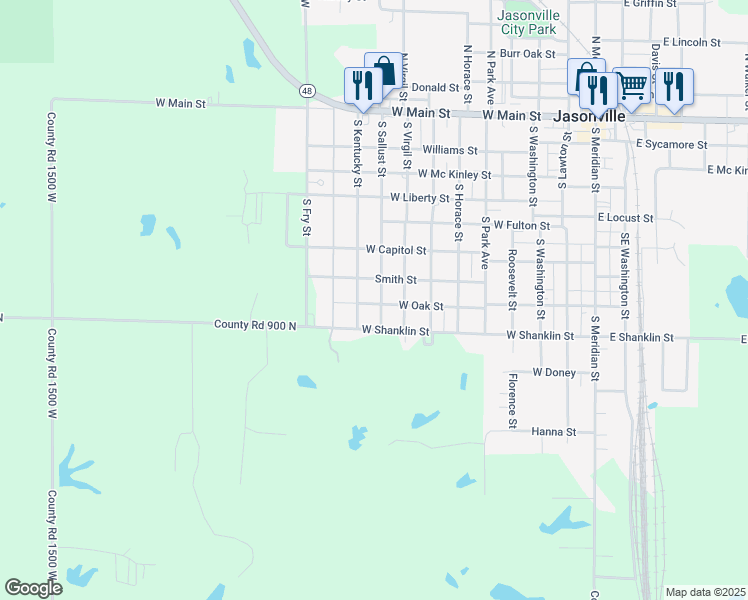 map of restaurants, bars, coffee shops, grocery stores, and more near 800-898 Smith Street in Jasonville