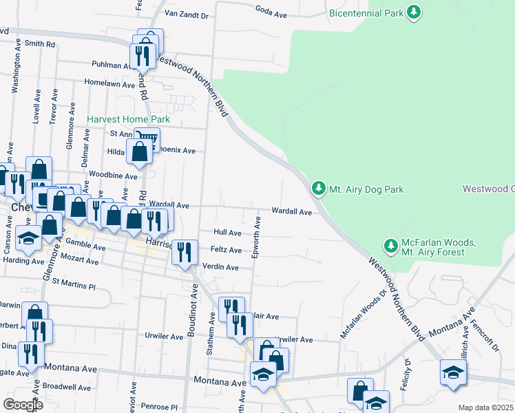 map of restaurants, bars, coffee shops, grocery stores, and more near 2998 Wardall Avenue in Cincinnati