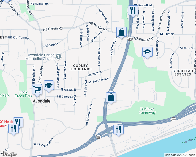 map of restaurants, bars, coffee shops, grocery stores, and more near 3612 Northeast 34th Terrace in Kansas City