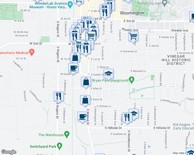 map of restaurants, bars, coffee shops, grocery stores, and more near 809 South Washington Street in Bloomington