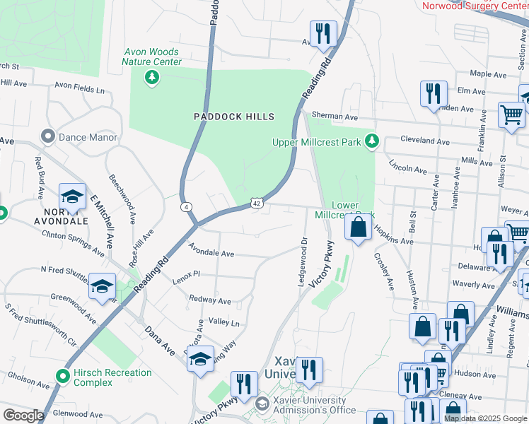 map of restaurants, bars, coffee shops, grocery stores, and more near 1607 Asmann Avenue in Cincinnati