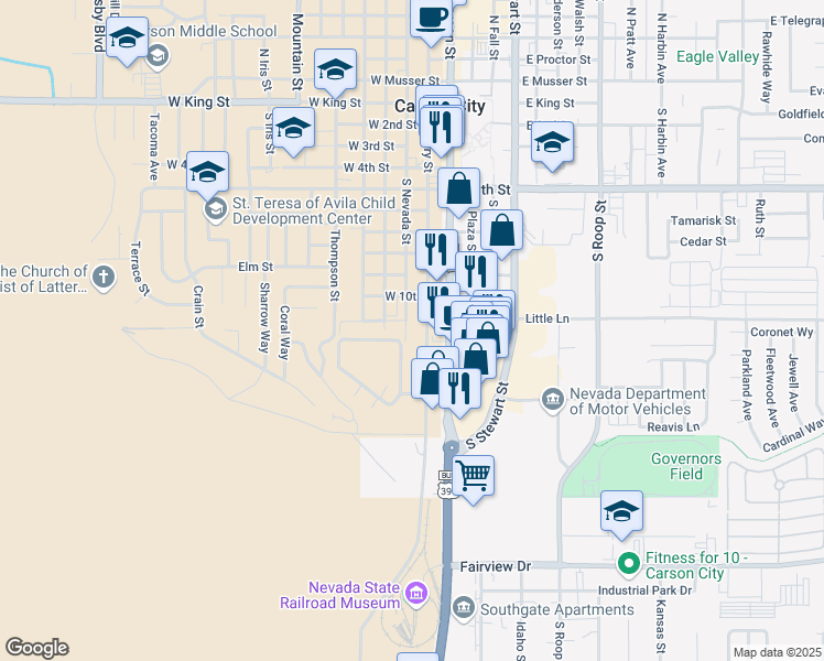 map of restaurants, bars, coffee shops, grocery stores, and more near 1271 South Nevada Street in Carson City