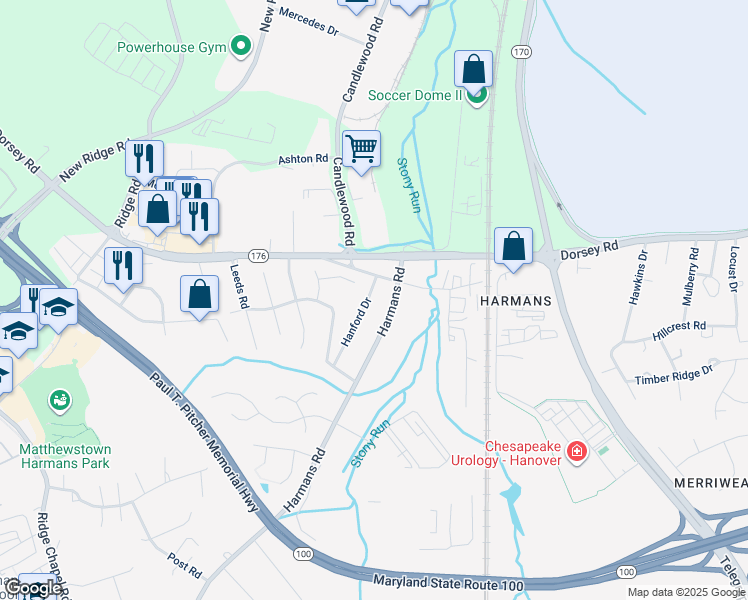 map of restaurants, bars, coffee shops, grocery stores, and more near 3 Hanford Drive in Severn