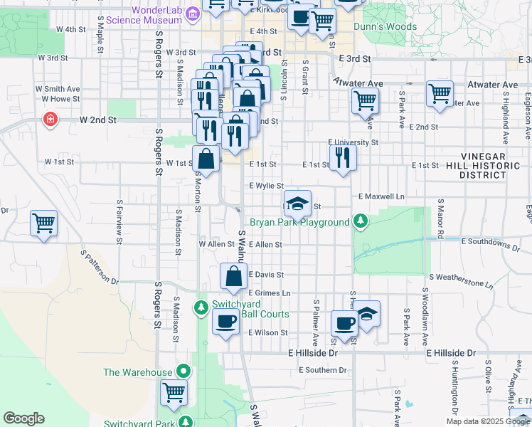 map of restaurants, bars, coffee shops, grocery stores, and more near 729 South Washington Street in Bloomington