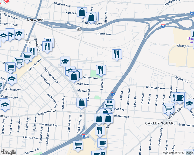 map of restaurants, bars, coffee shops, grocery stores, and more near 2648 Robertson Avenue in Norwood