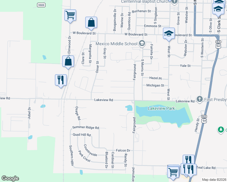 map of restaurants, bars, coffee shops, grocery stores, and more near 1418 Rosebud St in Mexico