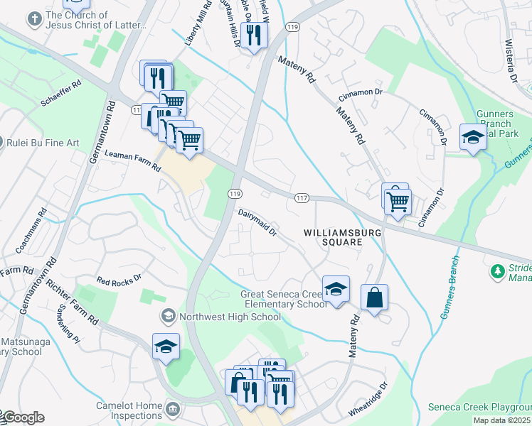 map of restaurants, bars, coffee shops, grocery stores, and more near 13205 Dairymaid Drive in Germantown