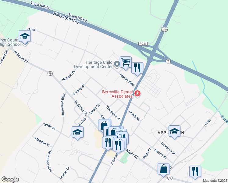 map of restaurants, bars, coffee shops, grocery stores, and more near 127 East Fairfax Street in Berryville
