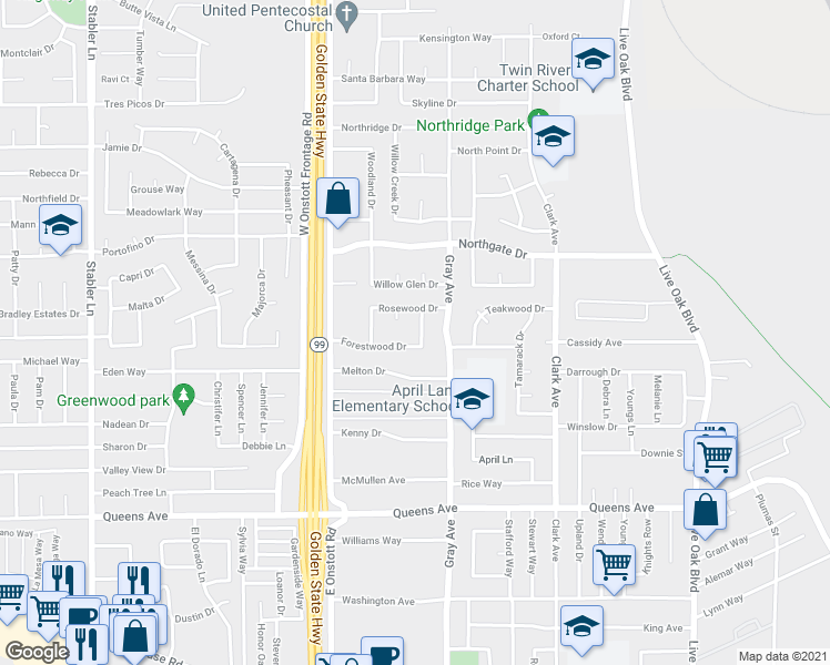 map of restaurants, bars, coffee shops, grocery stores, and more near 1660 Mosswood Drive in Yuba City