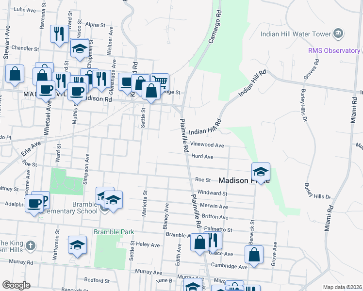 map of restaurants, bars, coffee shops, grocery stores, and more near 4830 Plainville Road in Cincinnati