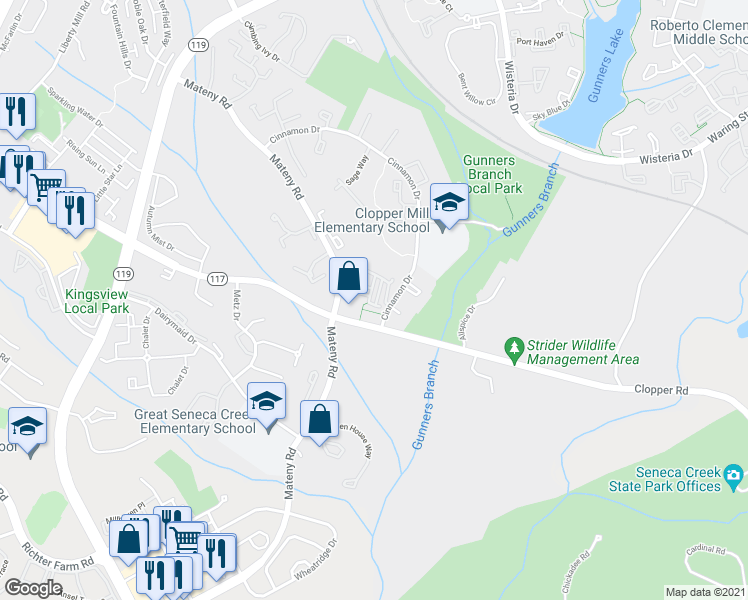 map of restaurants, bars, coffee shops, grocery stores, and more near 18405 Woodhouse Lane in Germantown