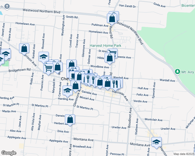 map of restaurants, bars, coffee shops, grocery stores, and more near 3847 Davis Avenue in Cincinnati