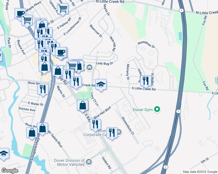 map of restaurants, bars, coffee shops, grocery stores, and more near 465 Country Drive in Dover