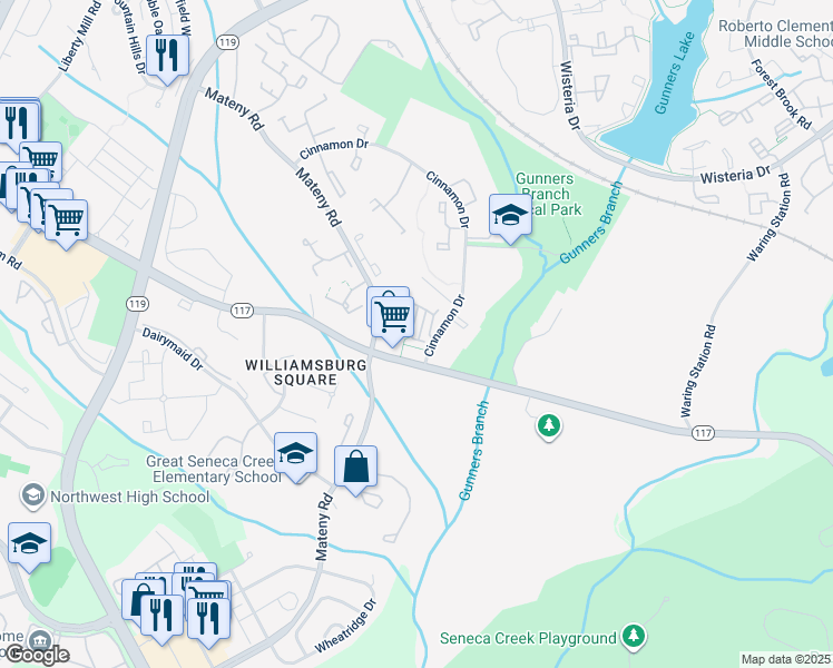 map of restaurants, bars, coffee shops, grocery stores, and more near 18405 Woodhouse Lane in Germantown