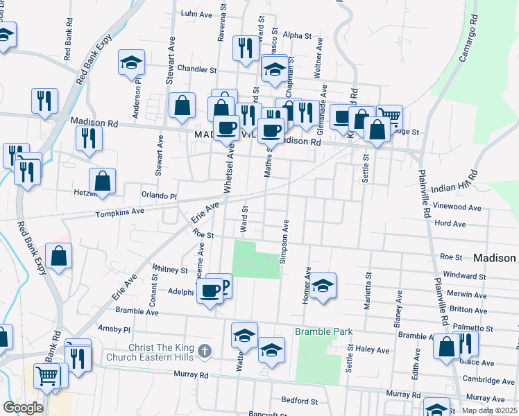 map of restaurants, bars, coffee shops, grocery stores, and more near 4727 Mathis Street in Cincinnati