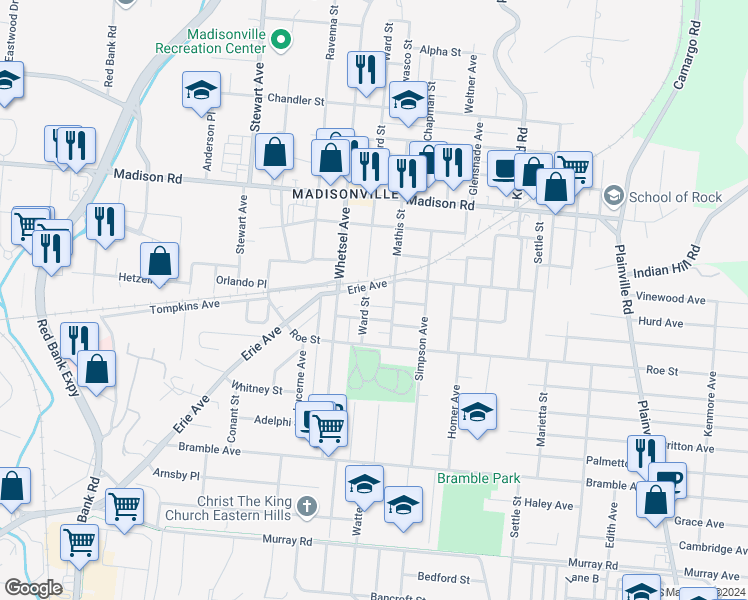 map of restaurants, bars, coffee shops, grocery stores, and more near 4727 Mathis Street in Cincinnati