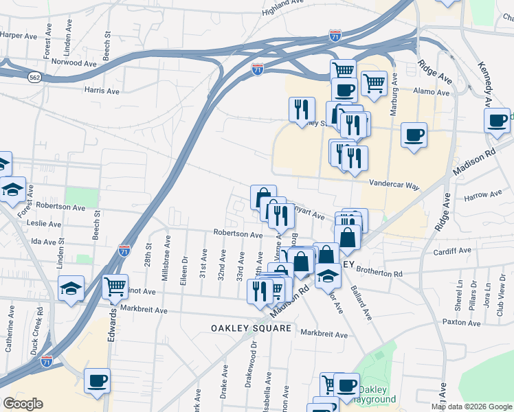 map of restaurants, bars, coffee shops, grocery stores, and more near 2950 Robertson Ave in Cincinnati