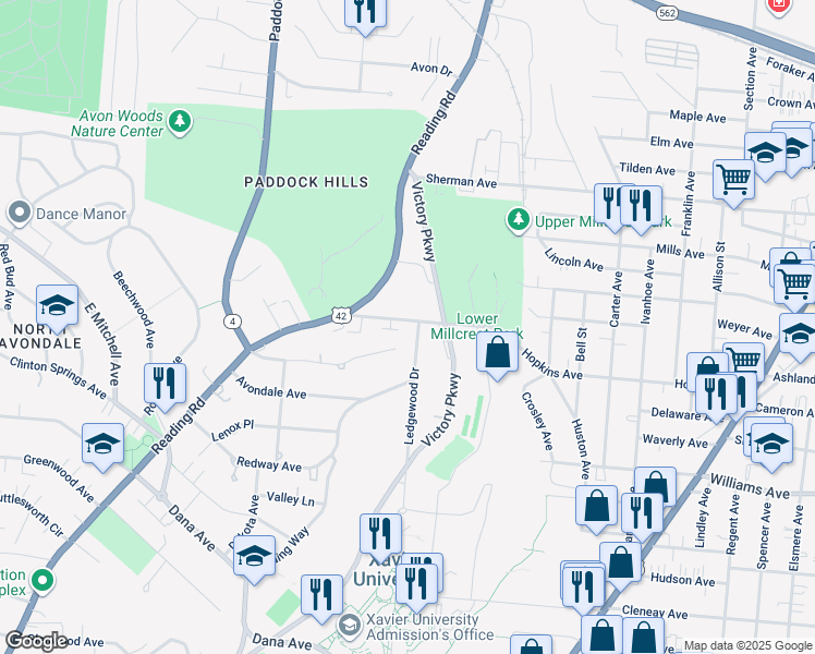 map of restaurants, bars, coffee shops, grocery stores, and more near 1825 Asmann Avenue in Cincinnati