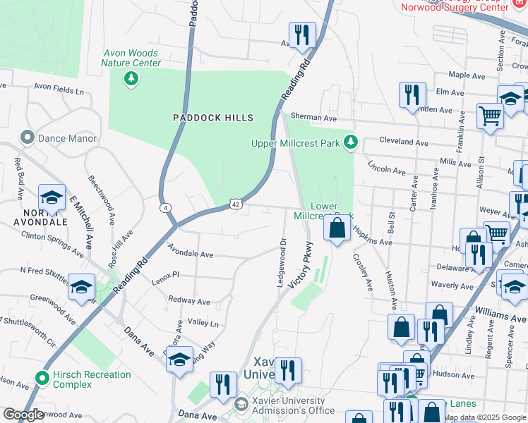 map of restaurants, bars, coffee shops, grocery stores, and more near 1825 Asmann Avenue in Cincinnati