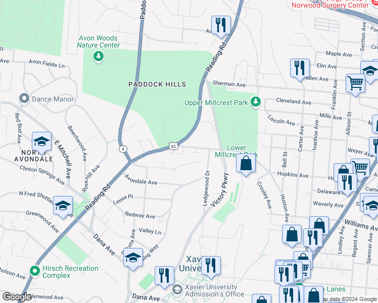 map of restaurants, bars, coffee shops, grocery stores, and more near 1613 Asmann Avenue in Cincinnati
