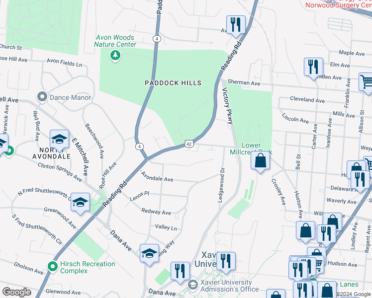 map of restaurants, bars, coffee shops, grocery stores, and more near 4068 Reading Road in Cincinnati