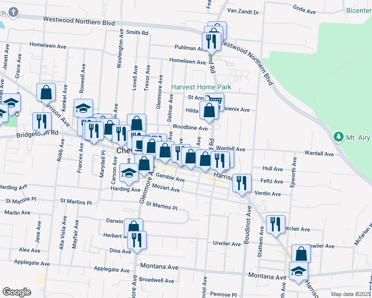 map of restaurants, bars, coffee shops, grocery stores, and more near 3847 Davis Avenue in Cincinnati