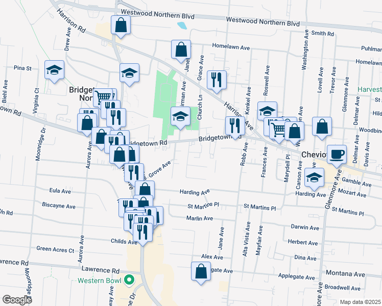 map of restaurants, bars, coffee shops, grocery stores, and more near 3795 Meadowview Drive in Cincinnati