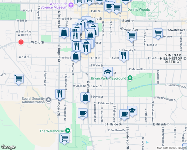 map of restaurants, bars, coffee shops, grocery stores, and more near 729 South Walnut Street in Bloomington