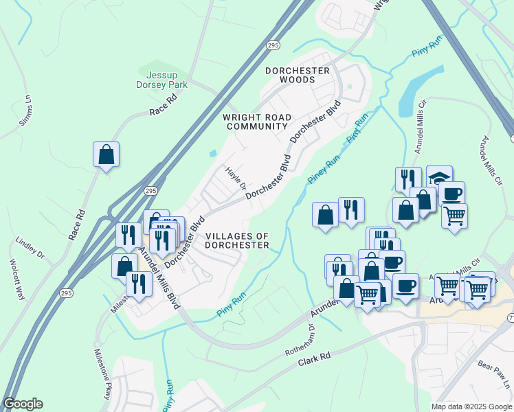 map of restaurants, bars, coffee shops, grocery stores, and more near 1605 Durham Way in Hanover