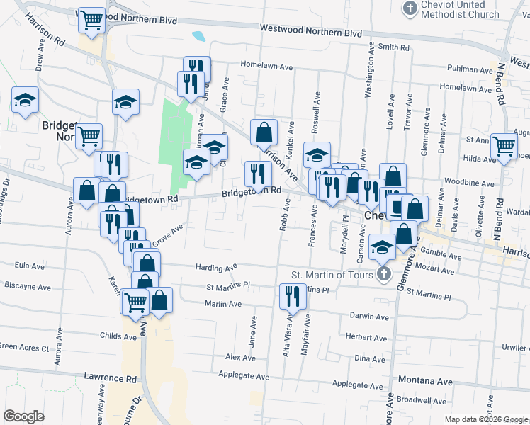 map of restaurants, bars, coffee shops, grocery stores, and more near 4243 Bridgetown Road in Cincinnati
