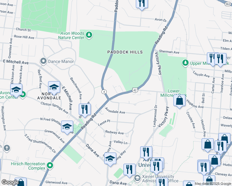 map of restaurants, bars, coffee shops, grocery stores, and more near 4043 Reading Road in Cincinnati