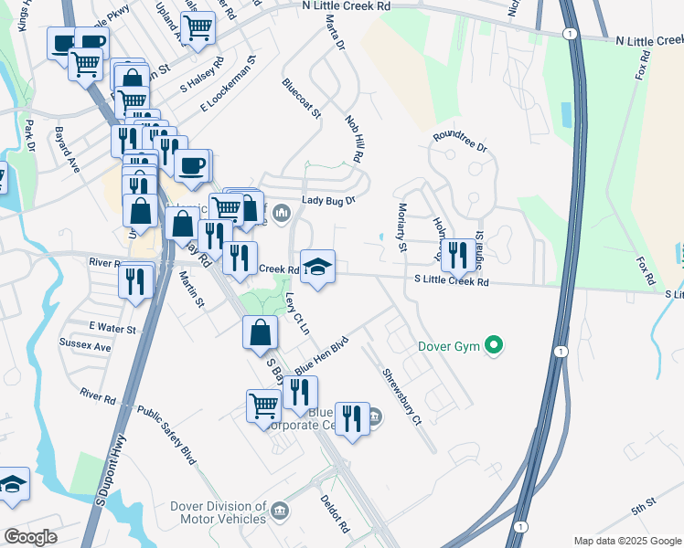 map of restaurants, bars, coffee shops, grocery stores, and more near 852 South Little Creek Road in Dover