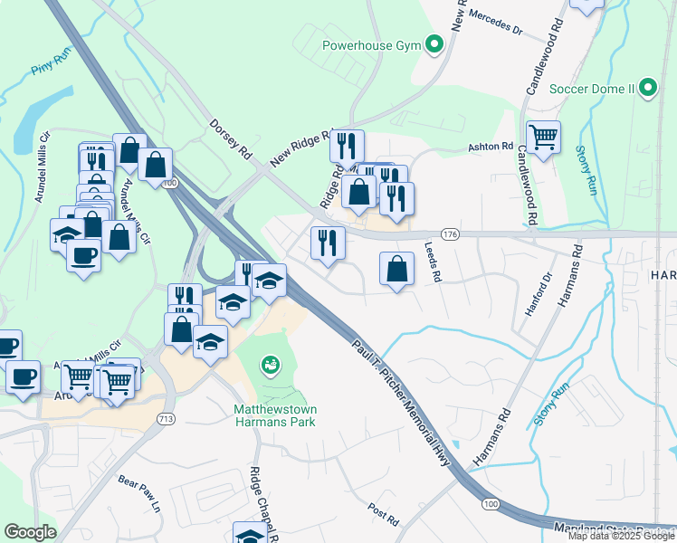 map of restaurants, bars, coffee shops, grocery stores, and more near 7541 Moraine Drive in Hanover