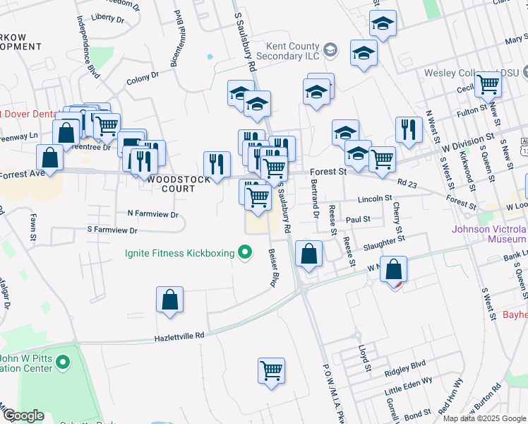 map of restaurants, bars, coffee shops, grocery stores, and more near 1030 Forest Street in Dover