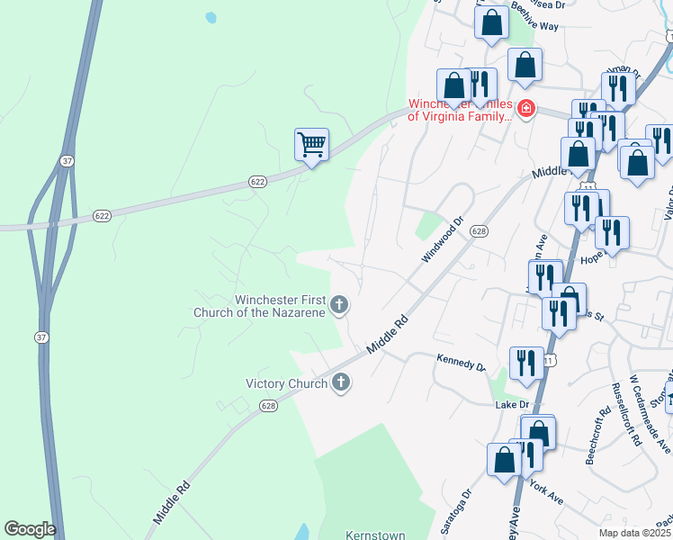 map of restaurants, bars, coffee shops, grocery stores, and more near 431 Mikey Court in Winchester