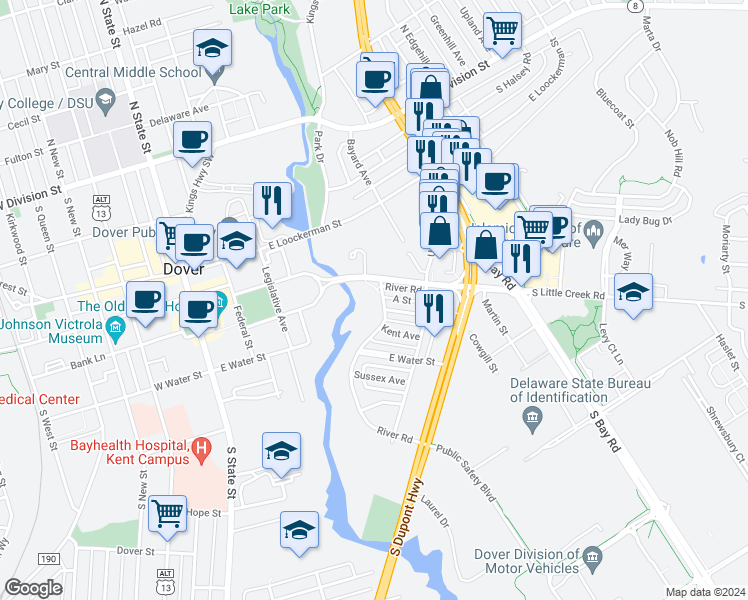 map of restaurants, bars, coffee shops, grocery stores, and more near 400 Court Street in Dover