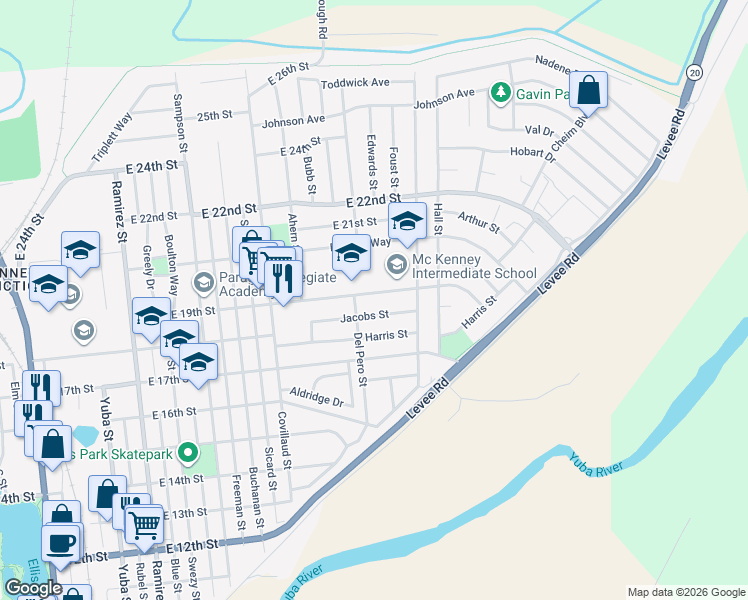 map of restaurants, bars, coffee shops, grocery stores, and more near 914 East 19th Street in Marysville