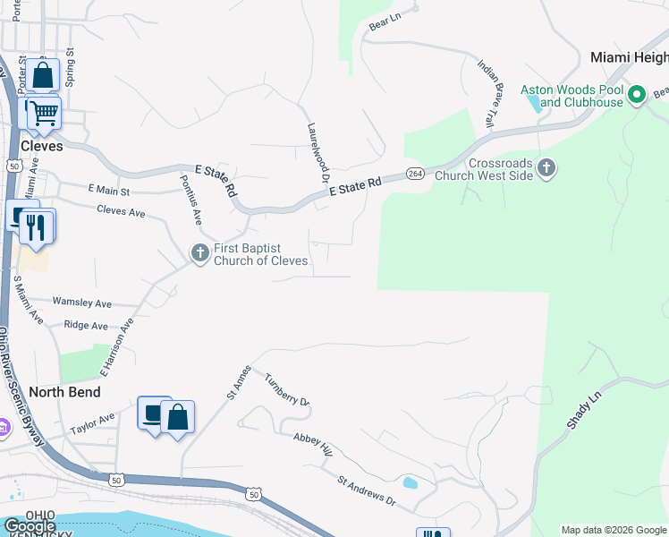 map of restaurants, bars, coffee shops, grocery stores, and more near 535 Aston View Lane in Cleves