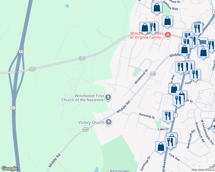 map of restaurants, bars, coffee shops, grocery stores, and more near 431 Mikey Court in Winchester