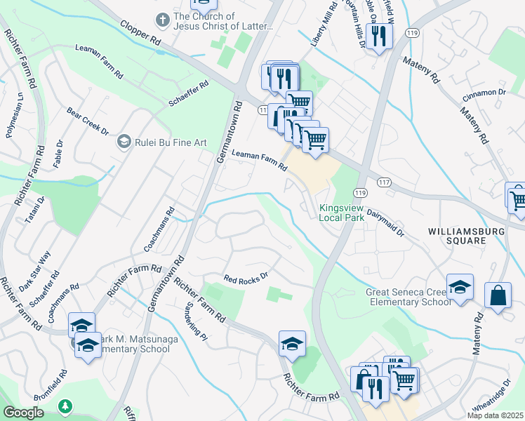 map of restaurants, bars, coffee shops, grocery stores, and more near 18426 Crownsgate Circle in Germantown