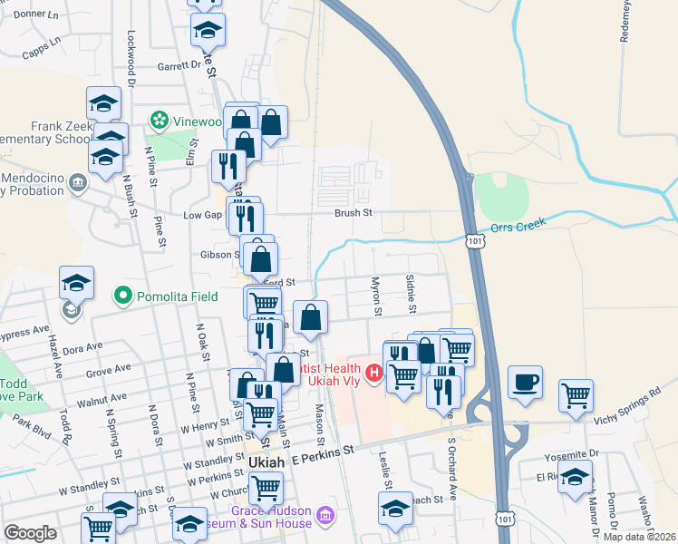 map of restaurants, bars, coffee shops, grocery stores, and more near 216 Ford Street in Ukiah