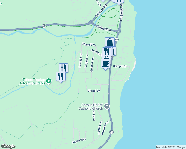 map of restaurants, bars, coffee shops, grocery stores, and more near 395 Bonanza Drive in Tahoe City