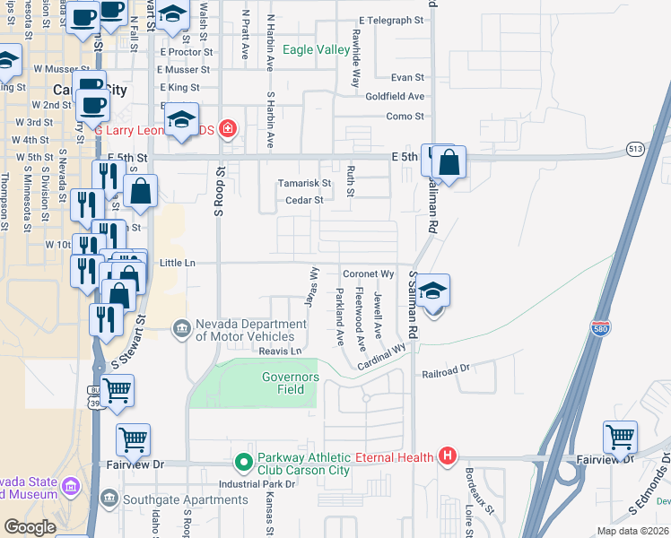 map of restaurants, bars, coffee shops, grocery stores, and more near 1196 Coronet Way in Carson City