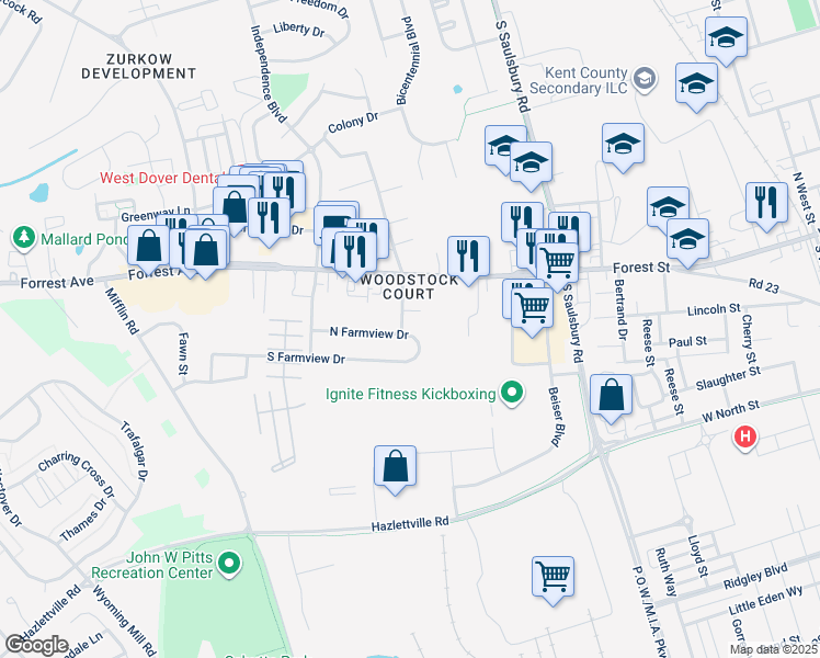 map of restaurants, bars, coffee shops, grocery stores, and more near 43 Bennington Street in Dover