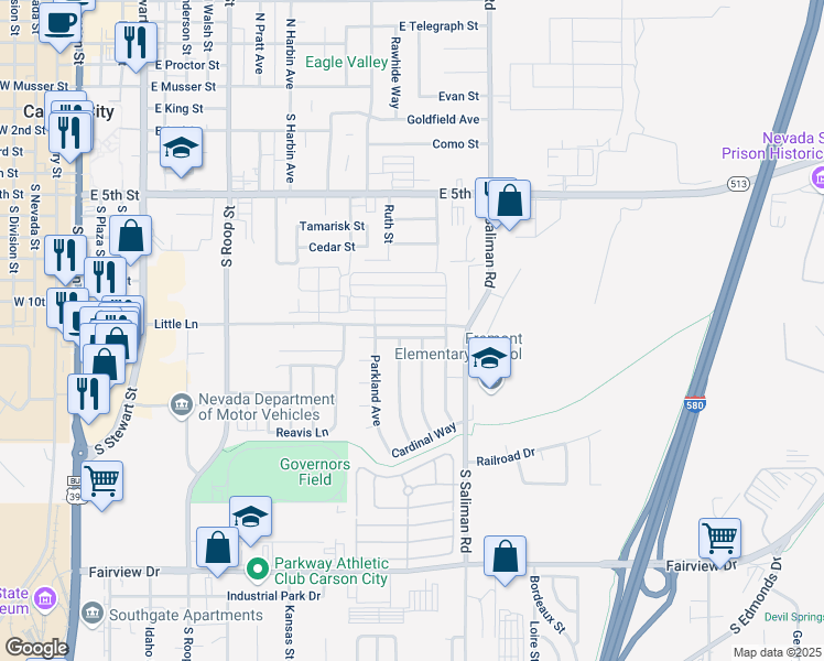 map of restaurants, bars, coffee shops, grocery stores, and more near 1340 Coronet Way in Carson City