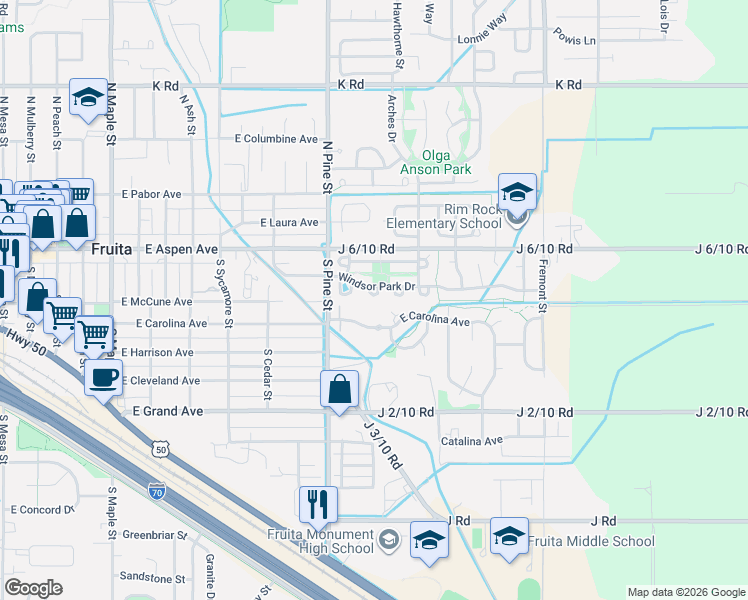 map of restaurants, bars, coffee shops, grocery stores, and more near 1200 Windsor Park Drive in Fruita